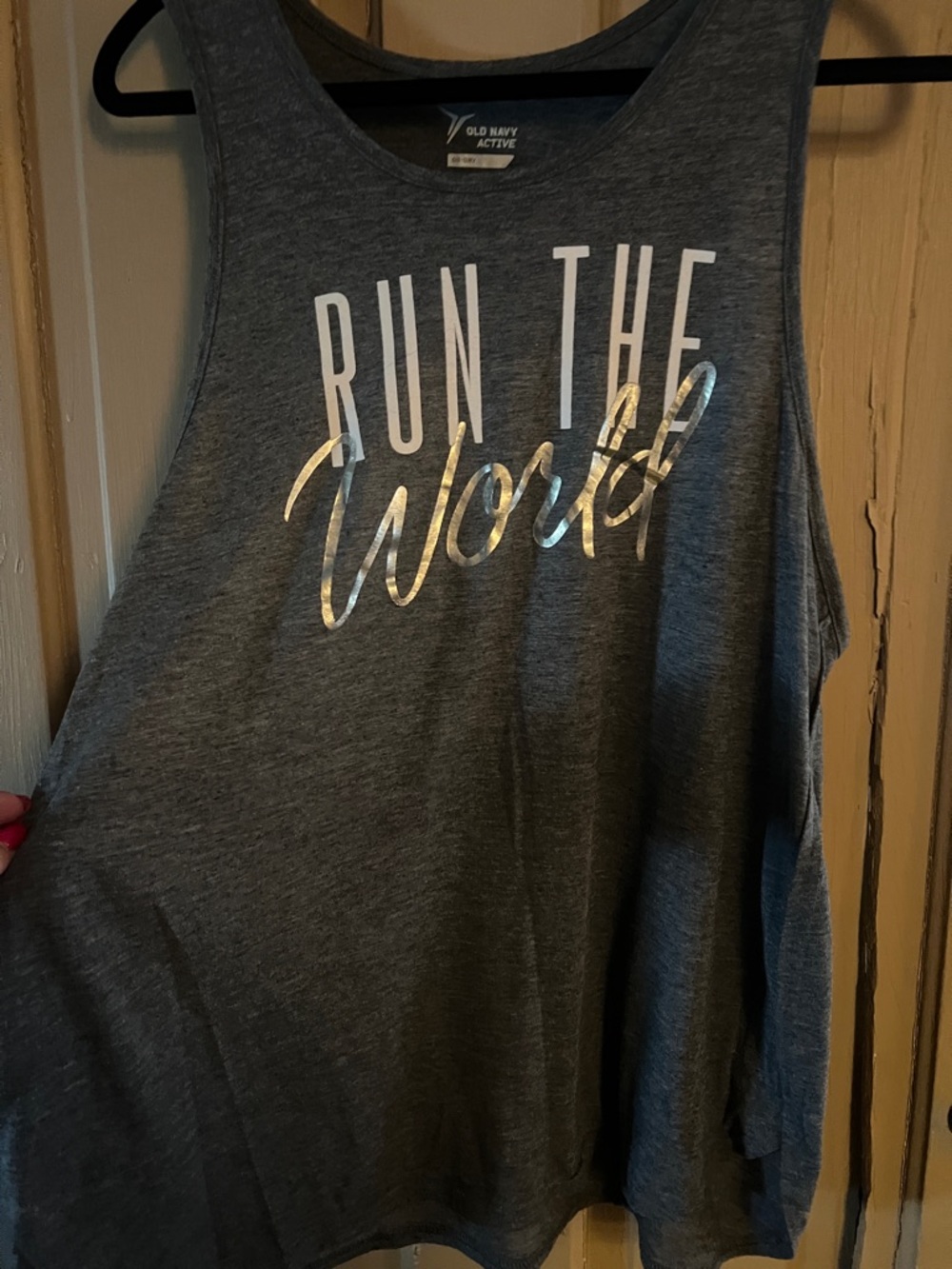 Old Navy Gray Active Tank with Metallic "Run the World" Script